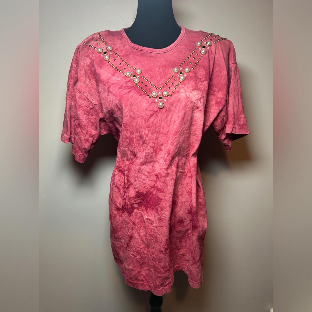 Vintage 80s 90s T Buggs Pink Studded Pearl Dress Tee Oversized Usa Made